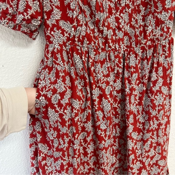Madewell Pintucked Puff-Sleeve Midi Dress in Red Floral Fall Dress Size 00 NWT - Picture 12 of 15